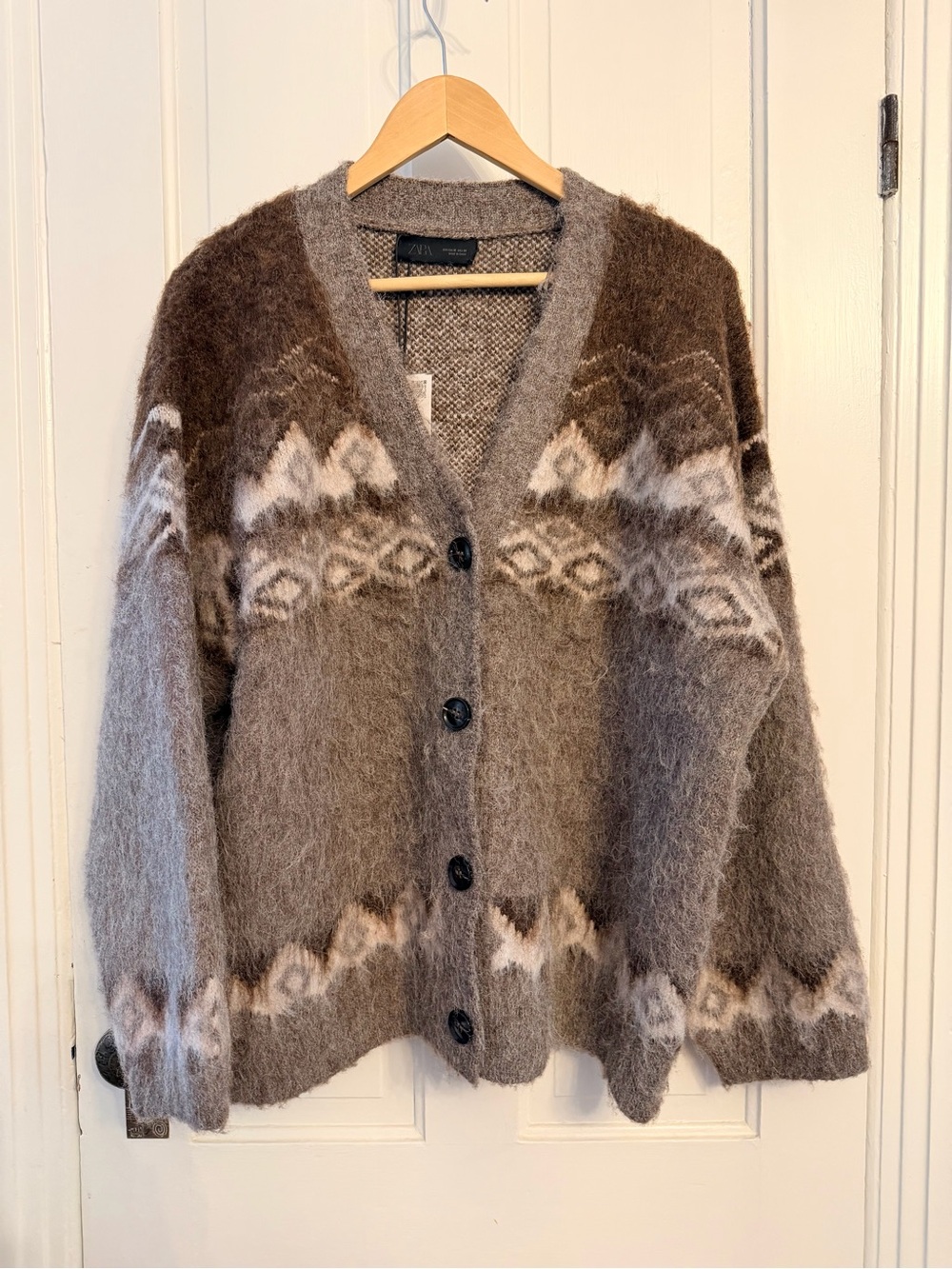 Zara Brushed Effect Jacquard Fuzzy Cardigan Brown Gray M NWT